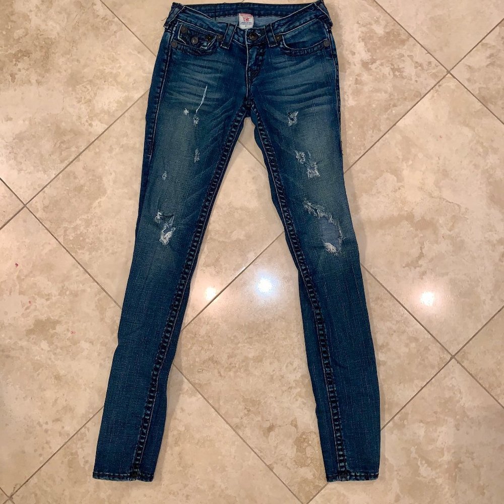 True Religion ripped jeans with black stiching